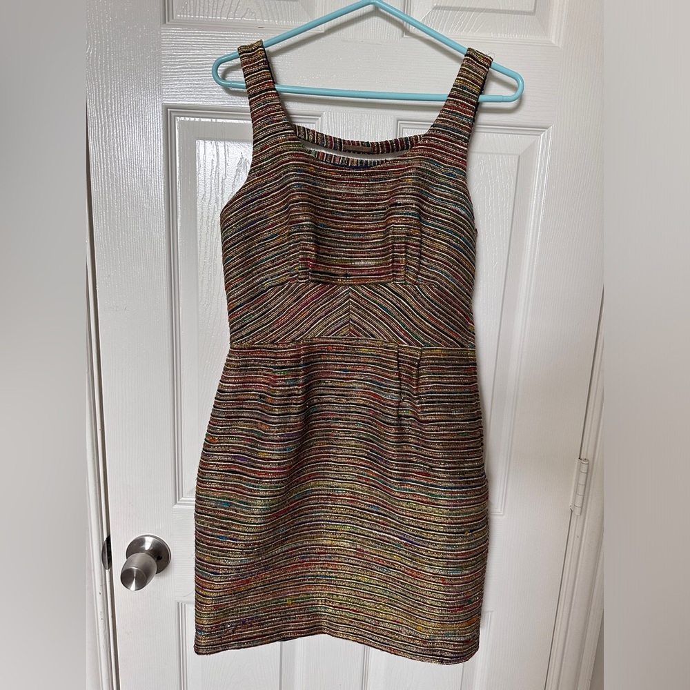Loffler Randall Metallic Gold Tweed Silk Sheath Dress Size 8